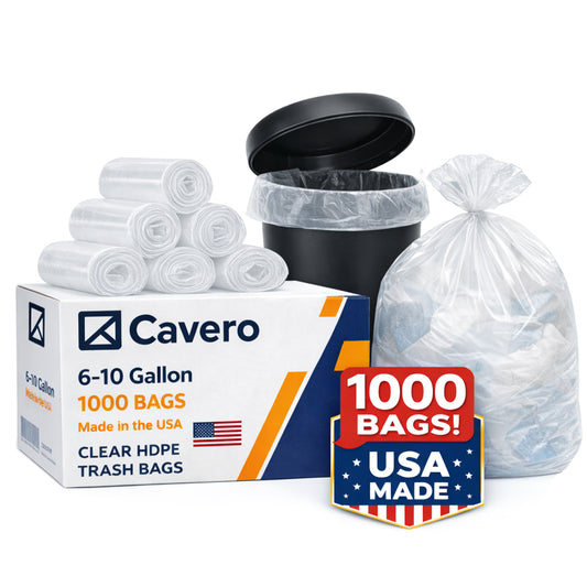 Cavero 6–10 Gallon Clear 1000 Count Trash Bags | American-Made Small Can Liners, Star-Sealed Bottom Leak-Free Design Lightweight Tear-Resistant Bags 24" x 24" Bulk Value for Home, Office, Commercial