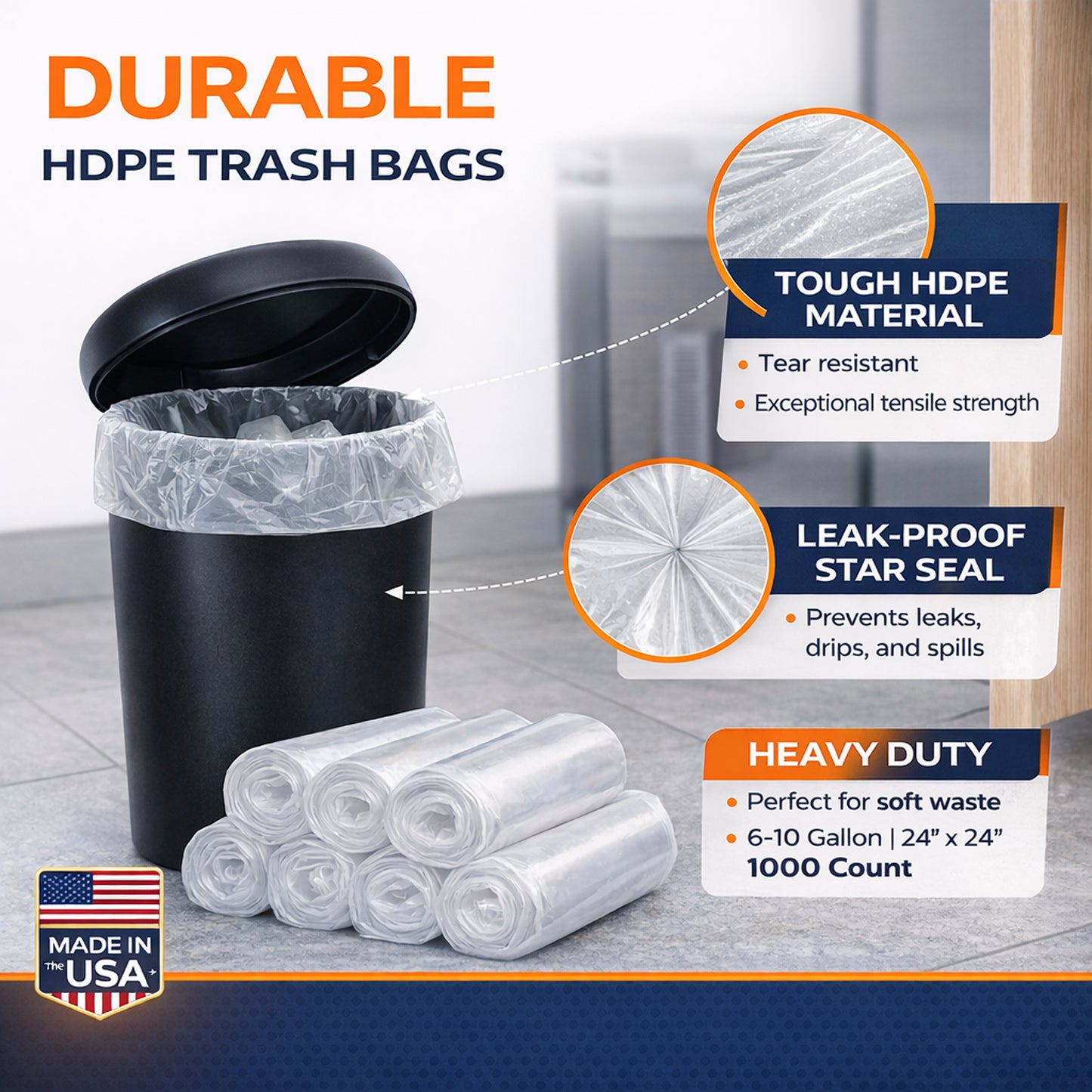 Cavero 6–10 Gallon Clear 1000 Count Trash Bags | American-Made Small Can Liners, Star-Sealed Bottom Leak-Free Design Lightweight Tear-Resistant Bags 24" x 24" Bulk Value for Home, Office, Commercial
