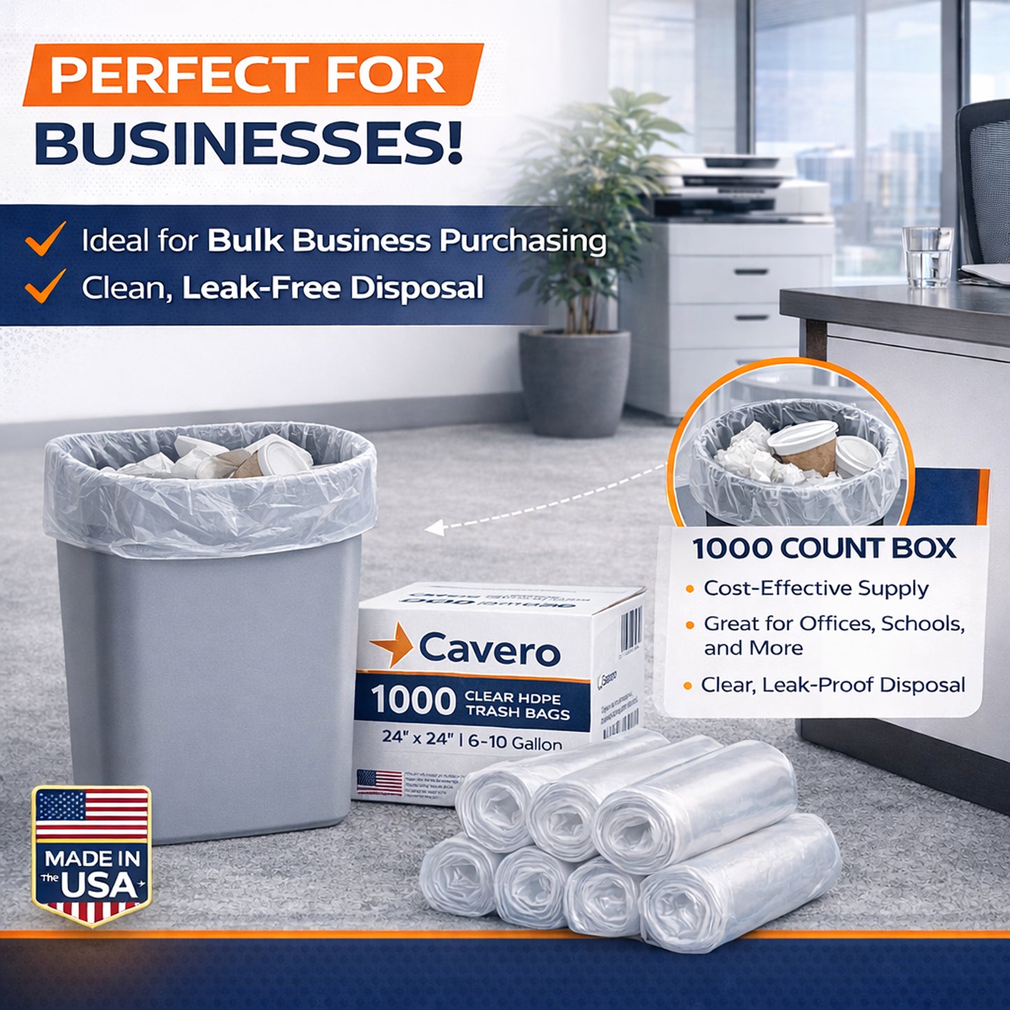 Cavero 6–10 Gallon Clear 1000 Count Trash Bags | American-Made Small Can Liners, Star-Sealed Bottom Leak-Free Design Lightweight Tear-Resistant Bags 24" x 24" Bulk Value for Home, Office, Commercial