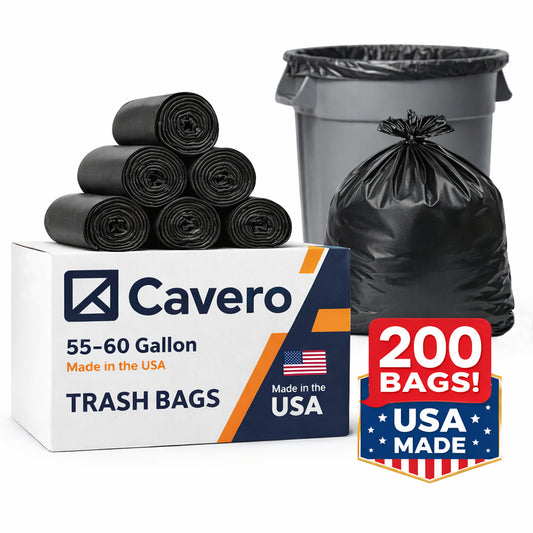 Cavero 55-60 Gallon Heavy Duty 200 Count Trash Bags | American Made Black Can Liners 17 Micron Large Tough Garbage Bags (38" x 58") Value Size, Multi-Purpose for Home, Office, Commercial, Industrial