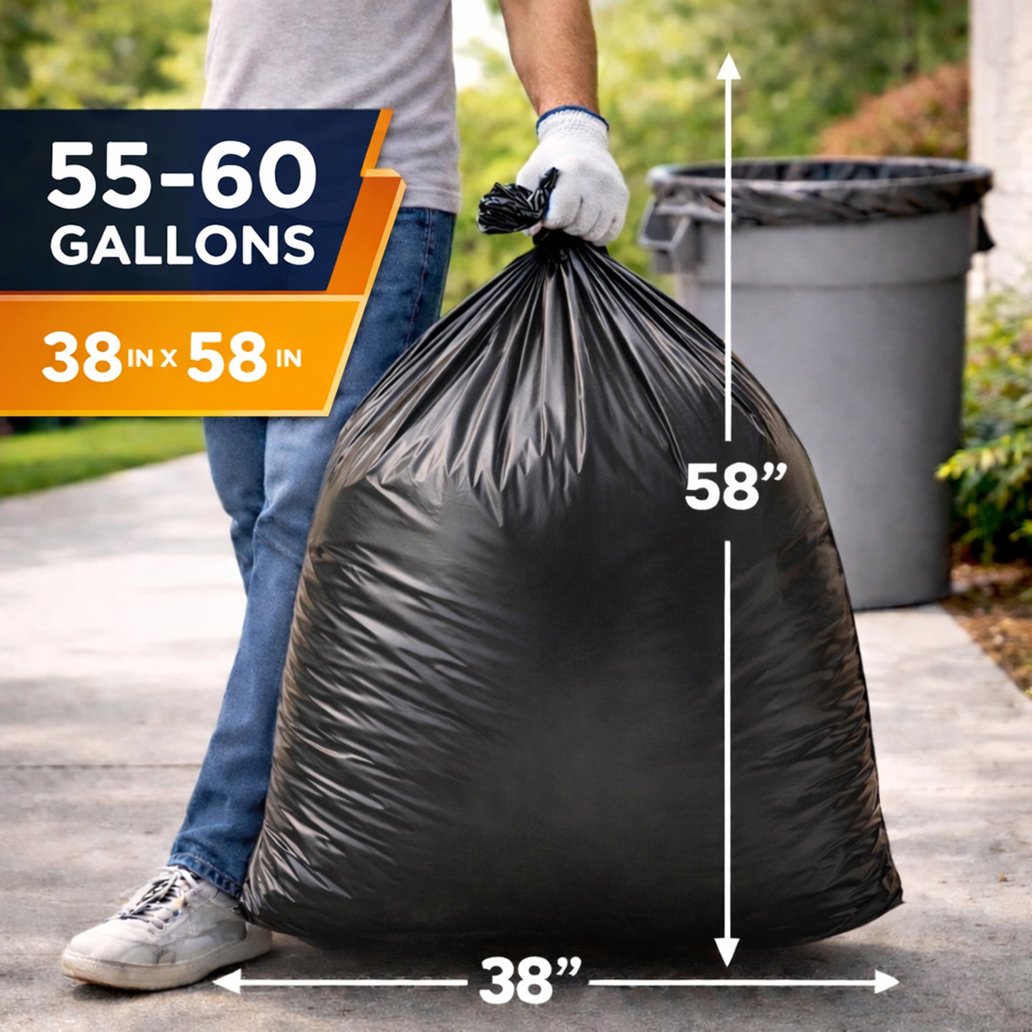Cavero 55-60 Gallon Heavy Duty 200 Count Trash Bags | American Made Black Can Liners 17 Micron Large Tough Garbage Bags (38" x 58") Value Size, Multi-Purpose for Home, Office, Commercial, Industrial