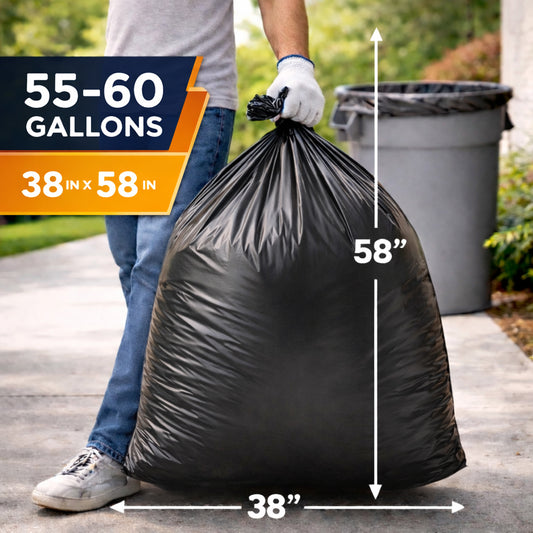 Cavero 55-60 Gallon Heavy Duty 200 Count Trash Bags | American Made Black Can Liners 17 Micron Large Tough Garbage Bags (38" x 58") Value Size, Multi-Purpose for Home, Office, Commercial, Industrial