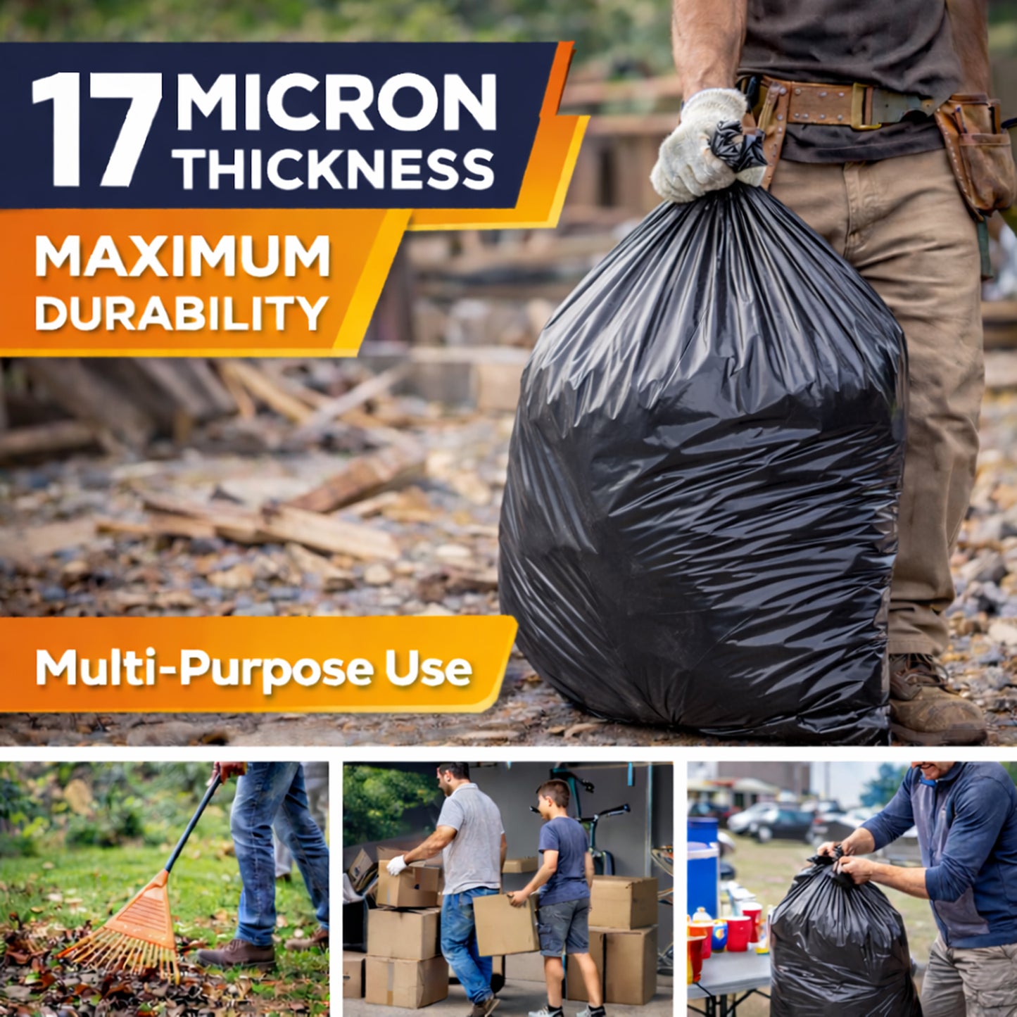 Cavero 55-60 Gallon Heavy Duty 200 Count Trash Bags | American Made Black Can Liners 17 Micron Large Tough Garbage Bags (38" x 58") Value Size, Multi-Purpose for Home, Office, Commercial, Industrial